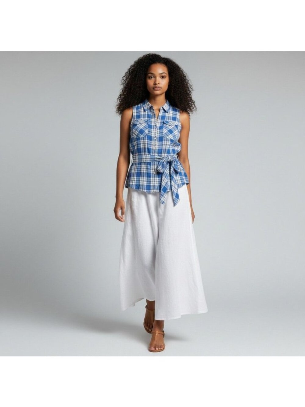 Jones New York Blue Plaid Sleeveless Linen Womens Button Up Belted Summer Top XL